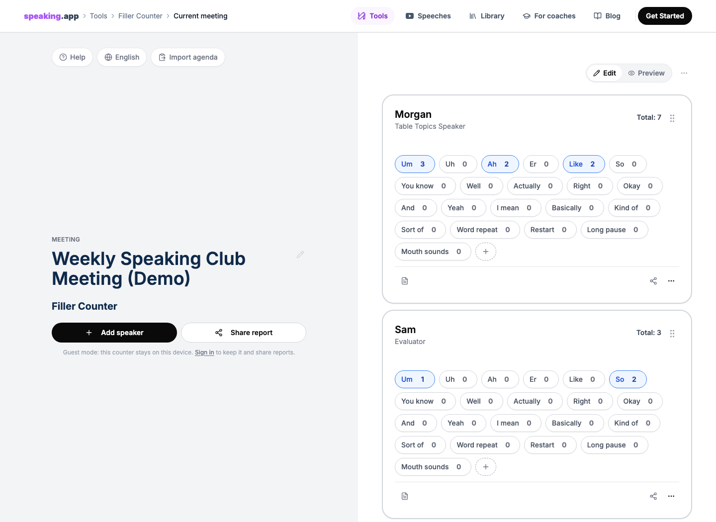 The speaking.app Ah-Counter with separate live filler-word totals for two fictional speakers.