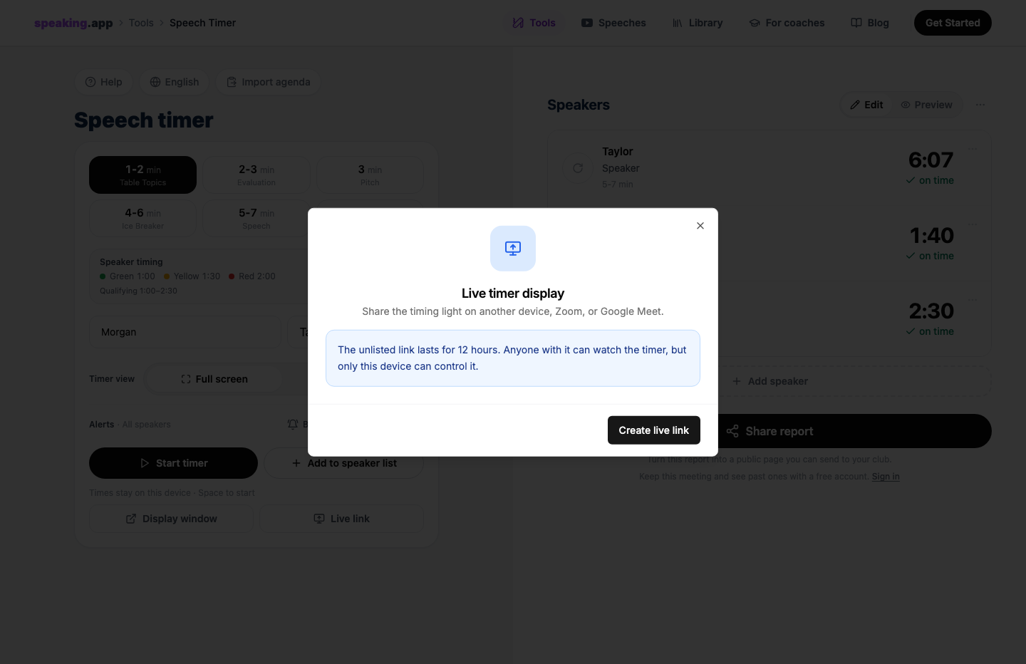 The Live timer display dialog explains that the unlisted audience link lasts for 12 hours and gives viewers no control over the timer.
