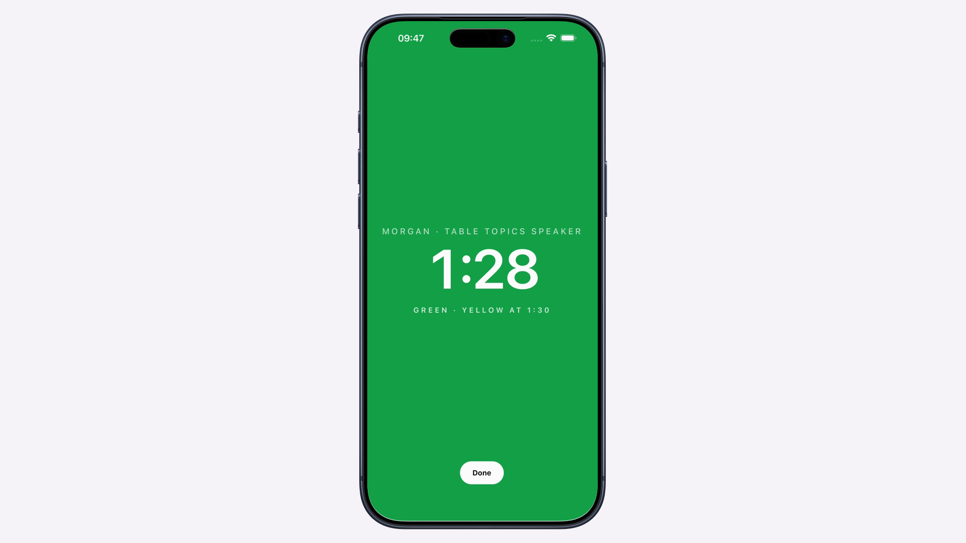 The green Speech Timer stage shown at accurate scale inside a phone frame for fictional Table Topics speaker Morgan.