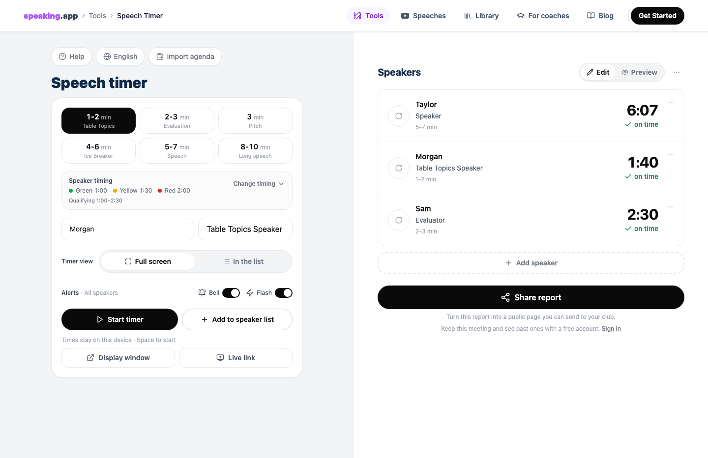 The speaking.app timer setup beside a fictional three-person speaker lineup with completed results.